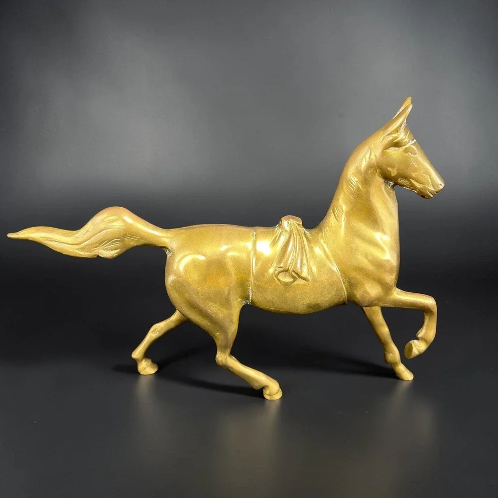 Vintage Brass Trotting Horse Figurine Heavy Equestrian Decor 10.5 Inch Figure